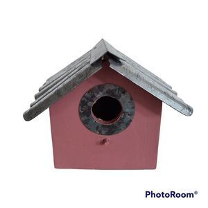 Vintage Handmade Corrugated Metal Roof And Wooden Birdhouse Mauve Tabletop Decor